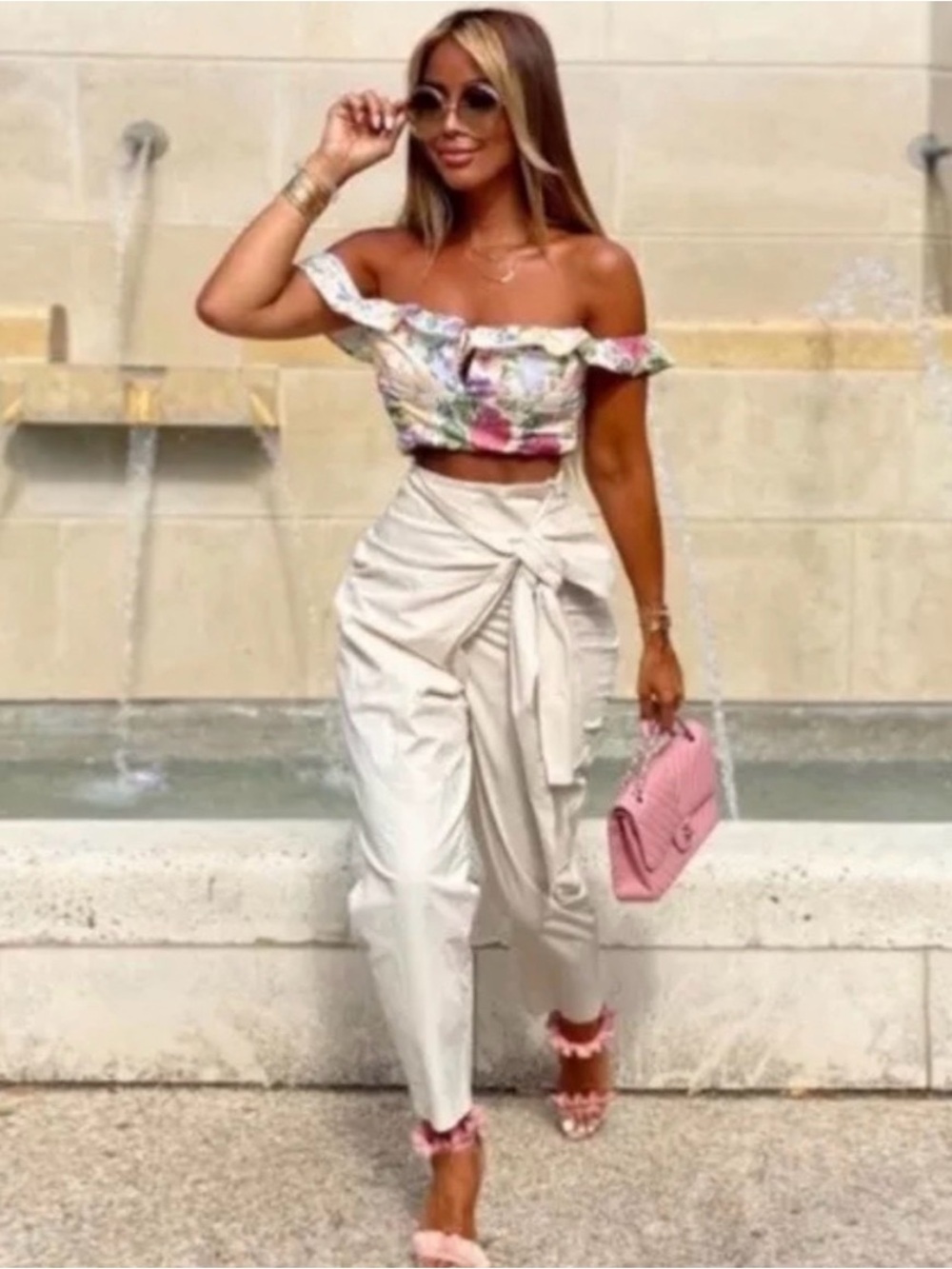 Zara Cream High-Waist Pareo Pants with bow tie beige cream